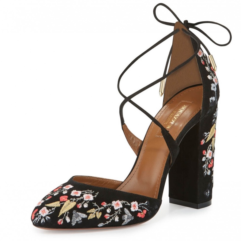 Aquazzura Karlie Embroidered Suede Block-Heel Pump, Black size 36.